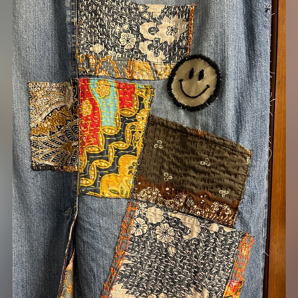 Remade denim maxi skirt with hand with hand embroidery and hand mended patches. - Picture 5 of 7